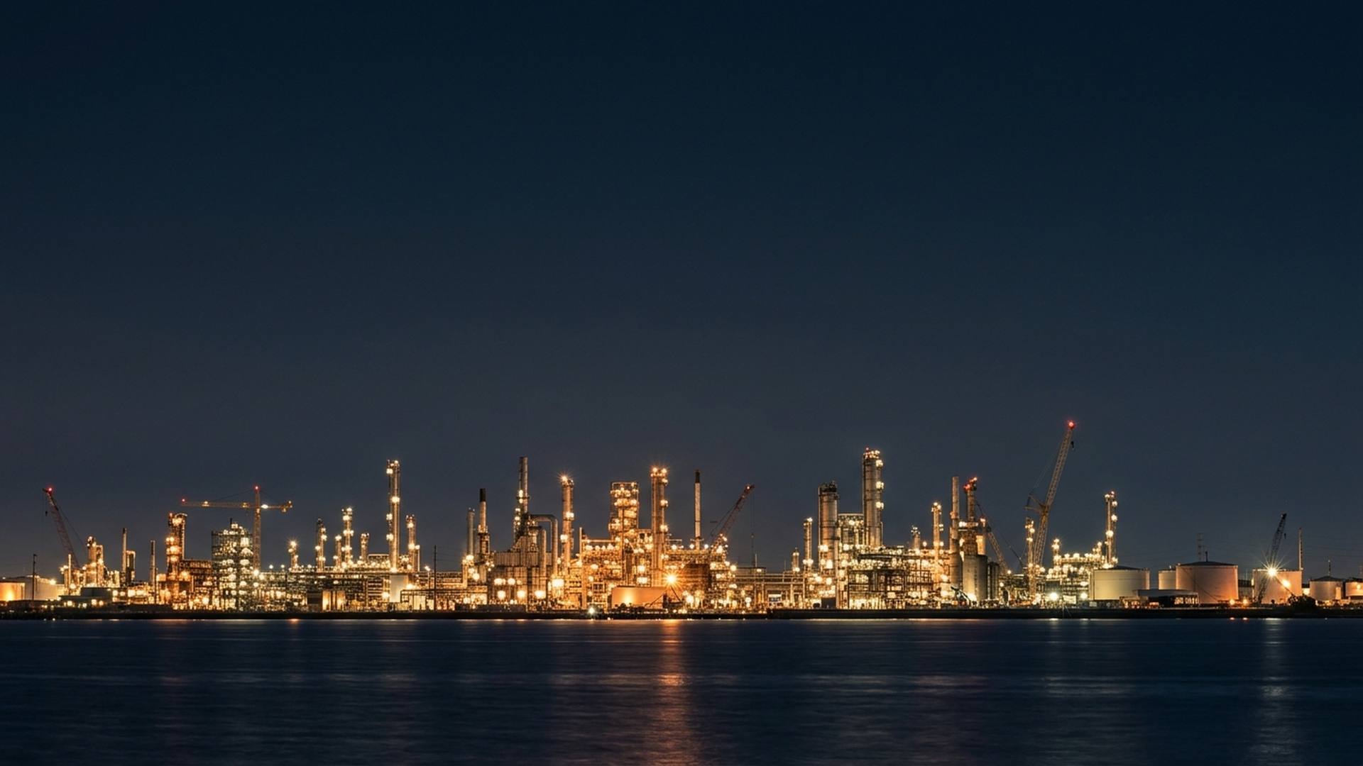 Illustration of a Gulf Coast refinery skyline at night during a planned turnaround